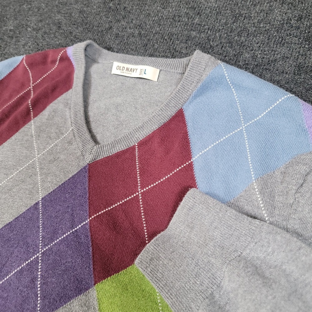 Old Navy Argyle V-Neck Sweater Gray‎ Multicolor Diamond Knit Size L